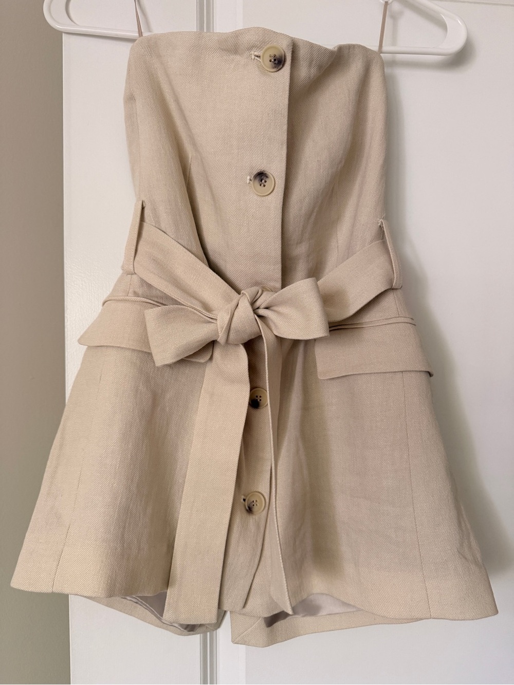 Zara Beige Button-Front Tie-Waist Strapless Top